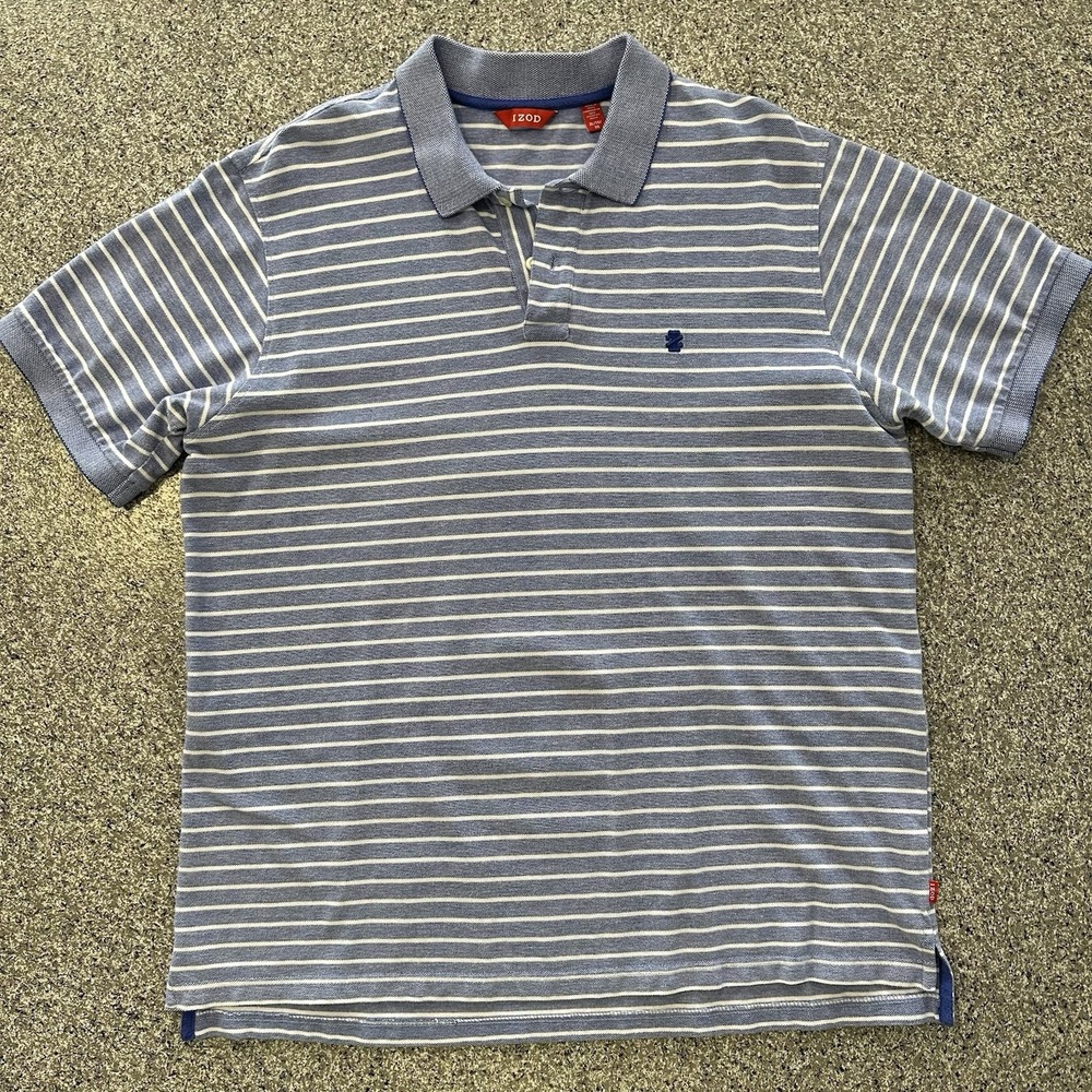 Izod Polo Shirt Mens XL Short Sleeve Striped Blue White Golf Casual Cotton